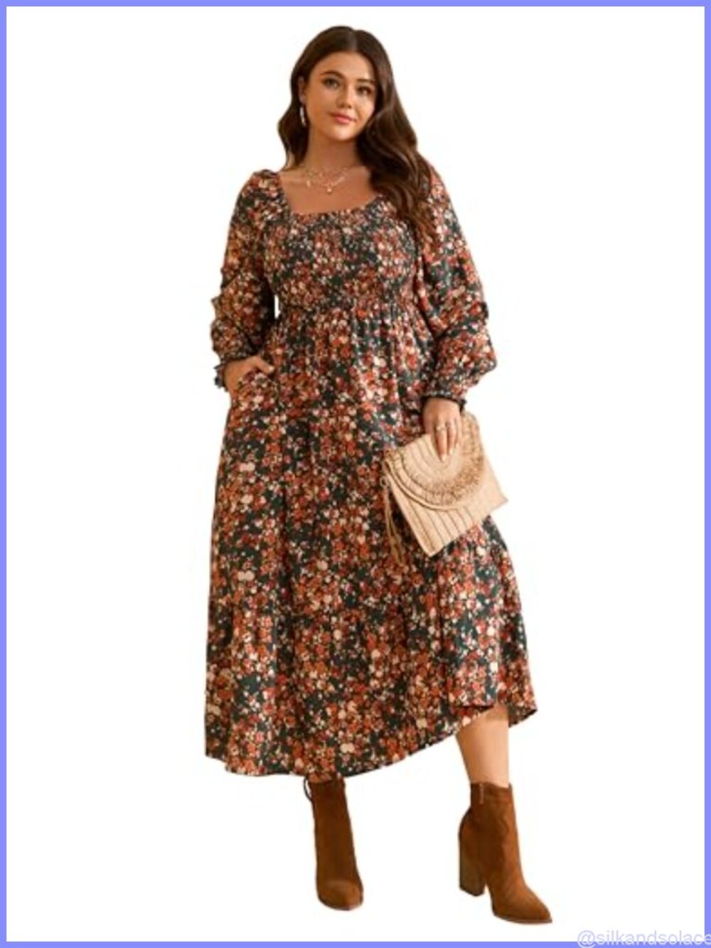 Plus Size Floral Maxi Dress Long Sleeve Smocked Boho Square Neck